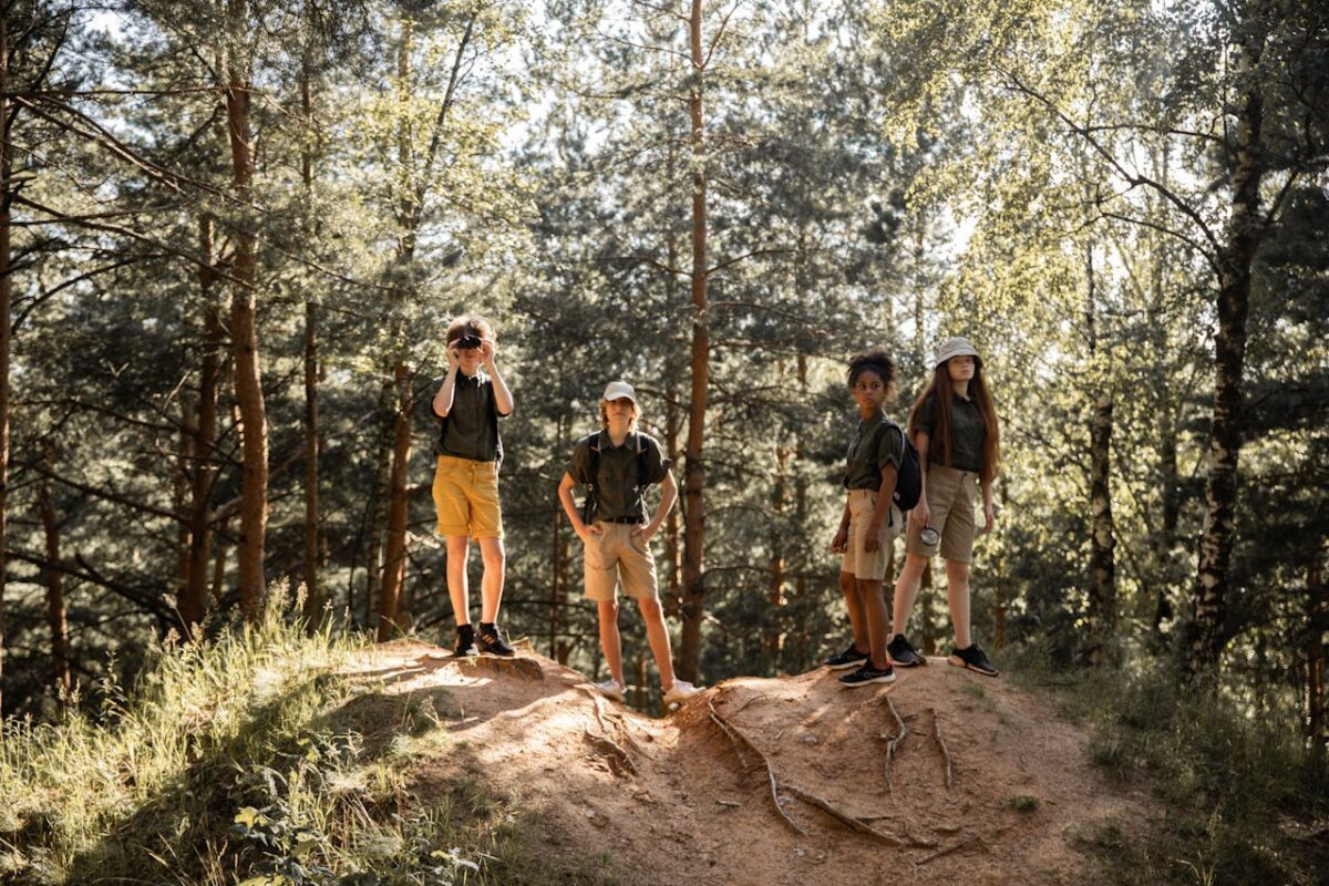 Group of children hiking in a sunlit forest, enjoying nature and exploration.