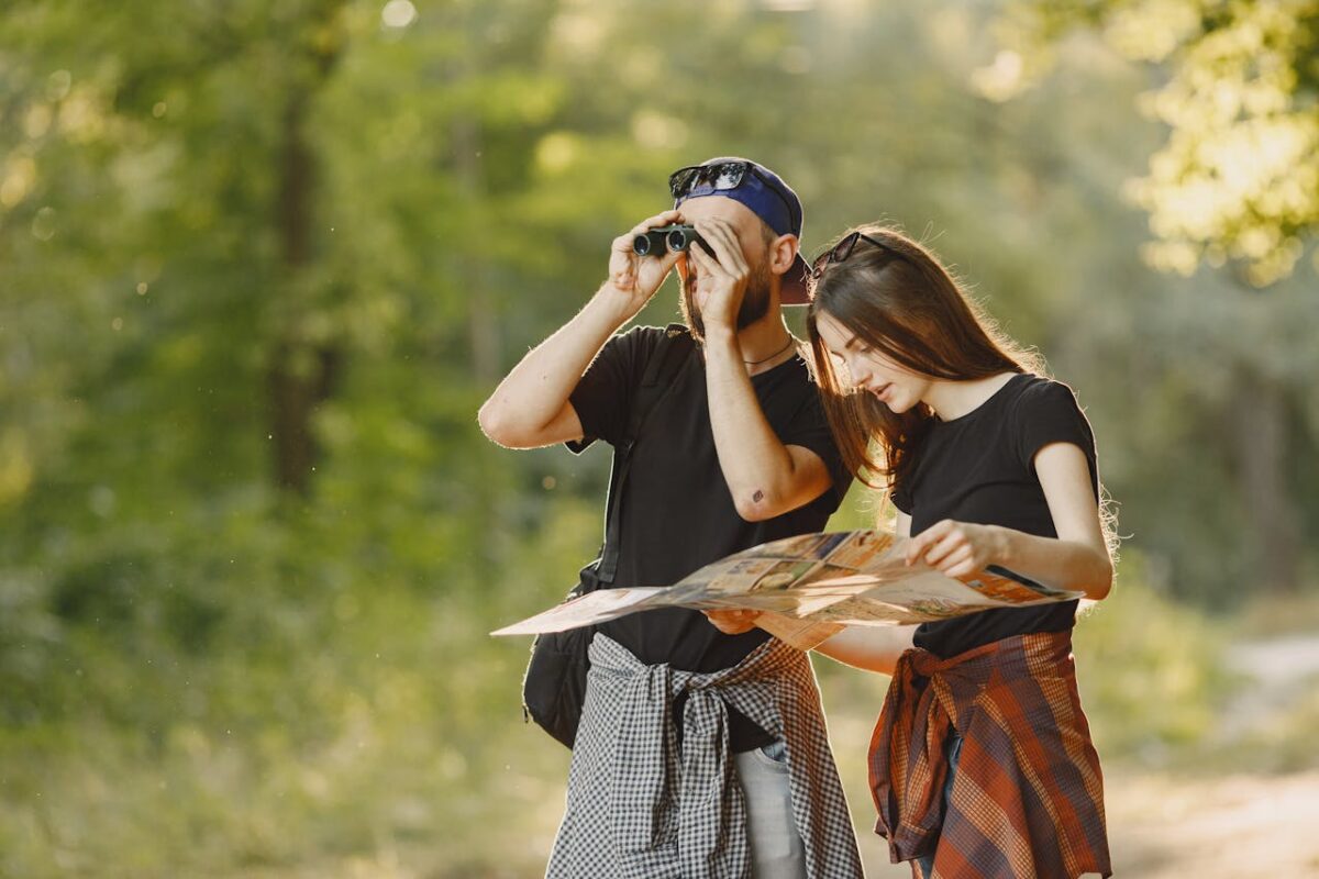 A couple outdoors using binoculars and a map for an adventure journey.